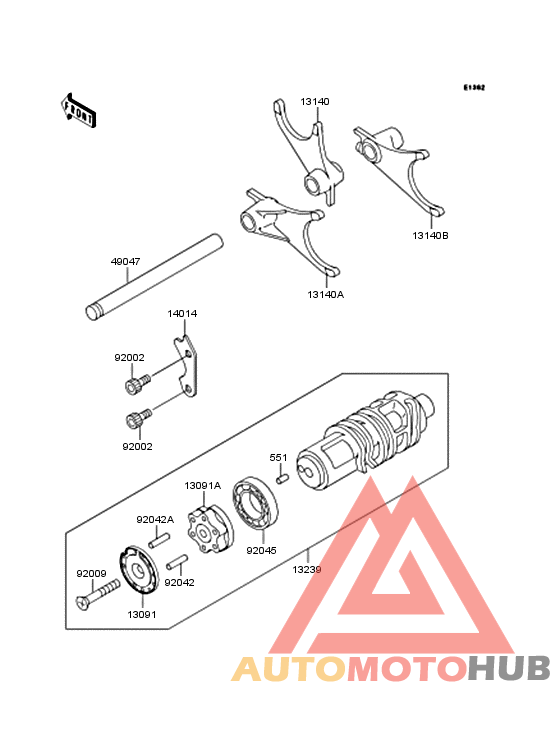 Gear change drum/shift fork
