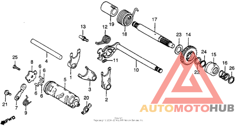 Shift fork + shift drum + kick starter spindle