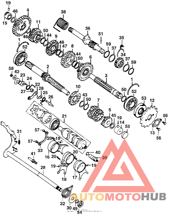 Transmission + gearshift drum