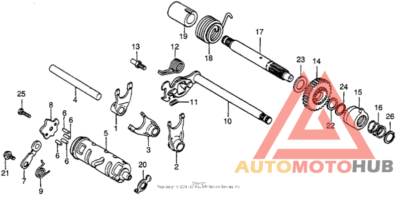 Shift fork + shift drum + kick starter spindle