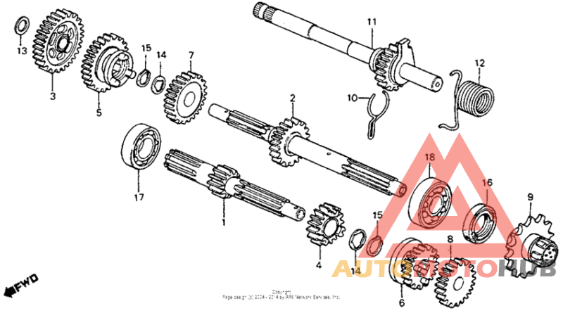 Transmission + kick starter spindle