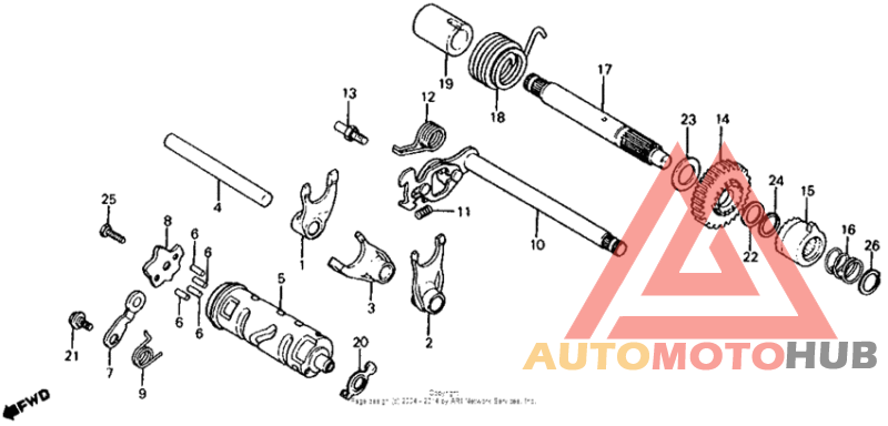 Gearshift drum + gearshift fork + kick starter spindle