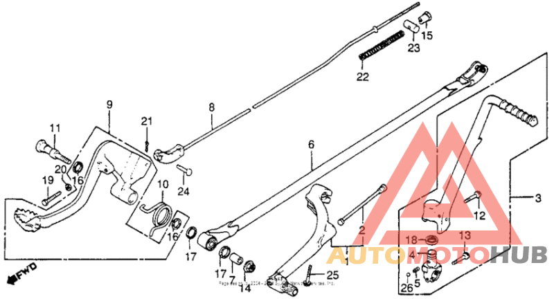 Gearshift pedal + brake pedal + kick starter arm 81