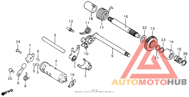Gearshift fork + gearshift drum + kick starter spindle 80-82