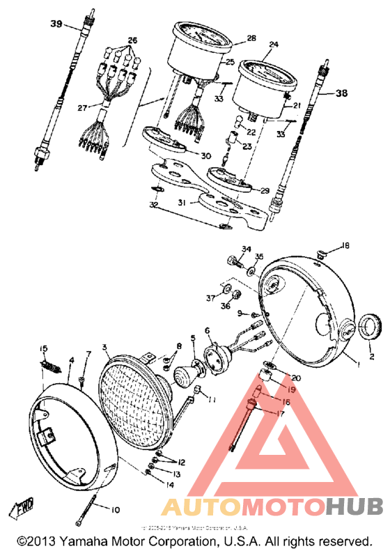 Headlamp, speedometer and tachometer