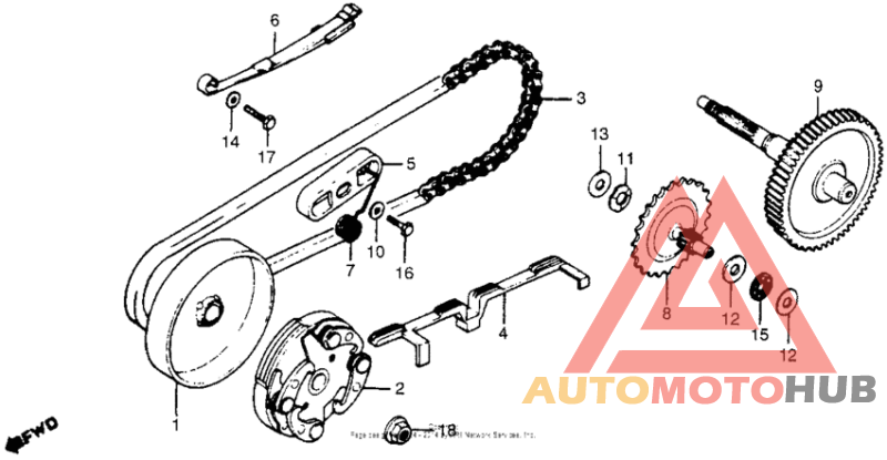 Clutch + drive chain + final gear 81