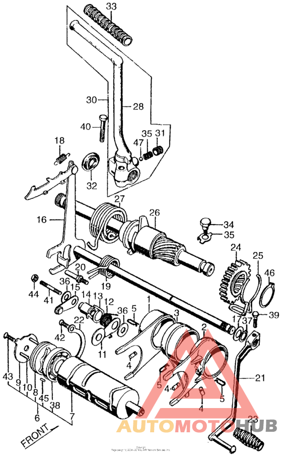 Gearshift drum + kick starter + gearshift spindle