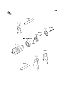 KMX50 Gear change drum & forks