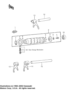 KE125 Gear change drum & forks